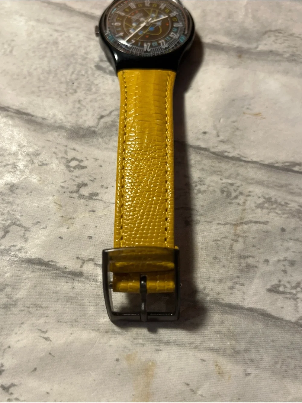 Vintage Swatch Yellow Strap Wristwatch with Black Case 24 hour clock